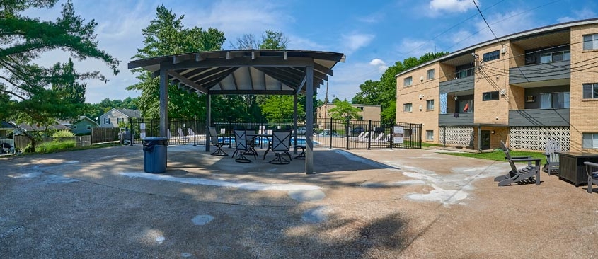 Seven Oaks Apartments Poolside Detail with Gazebo and Entertainment Room in Morgantown WV